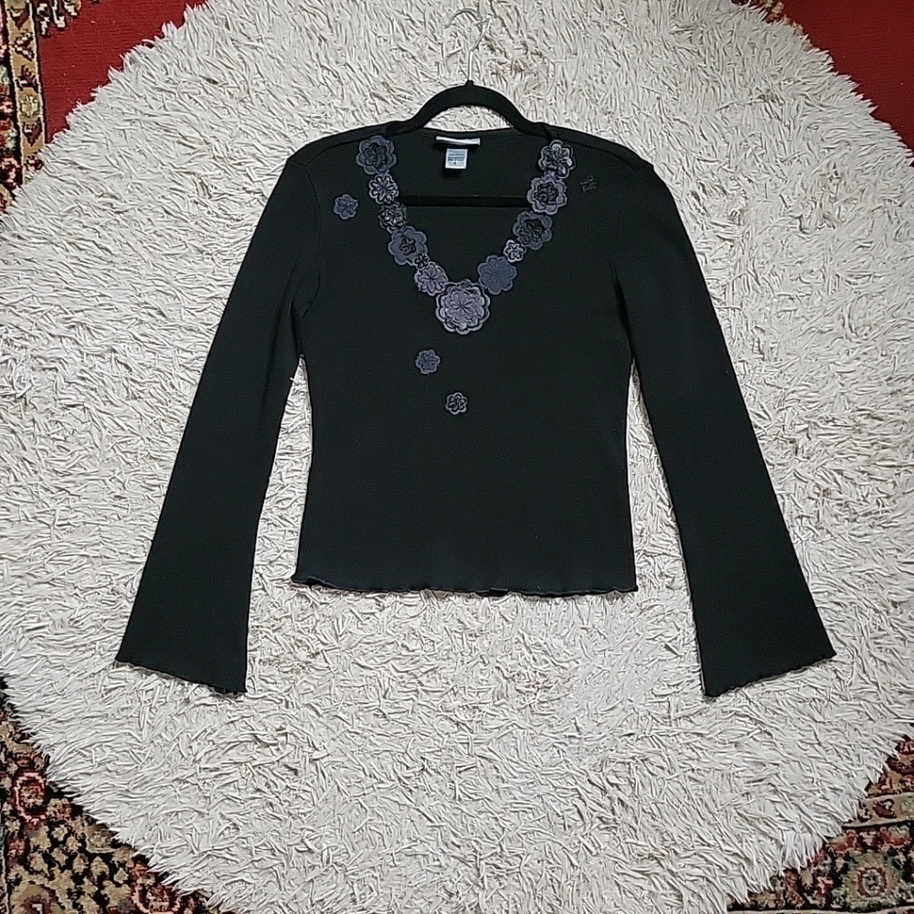 Vintage Y2K Top Sweater Long Sleeve Shirt Black Size M Fibers Barbara Lesser ✨️